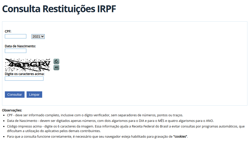 Página inicial IRPF